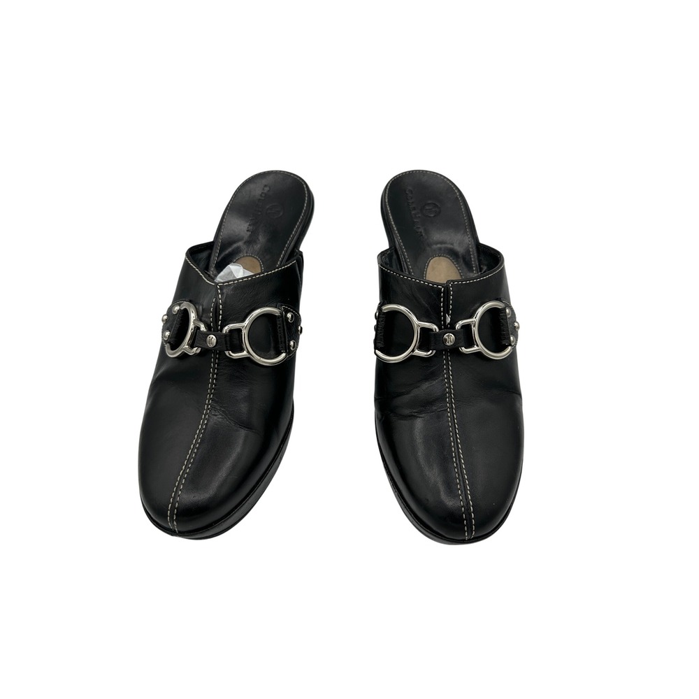 Cole Haan Black Leather Wedge Heel Mules Clogs Silver Buckle Accents Size 6.5